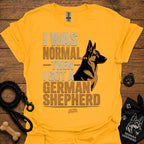 Gold graphic T-shirt with German Shepherd portrait and bold text on front