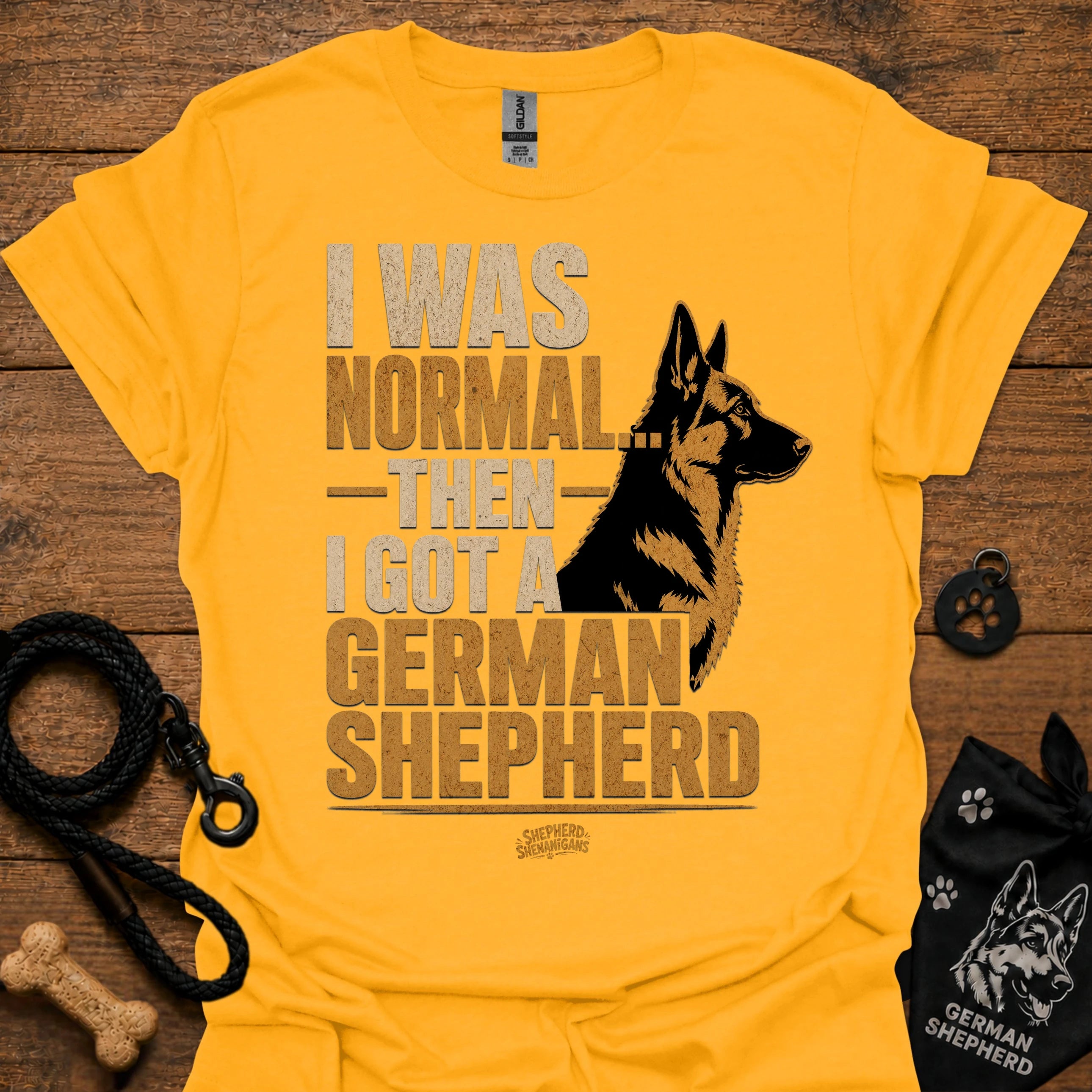 Gold graphic T-shirt with German Shepherd portrait and bold text on front