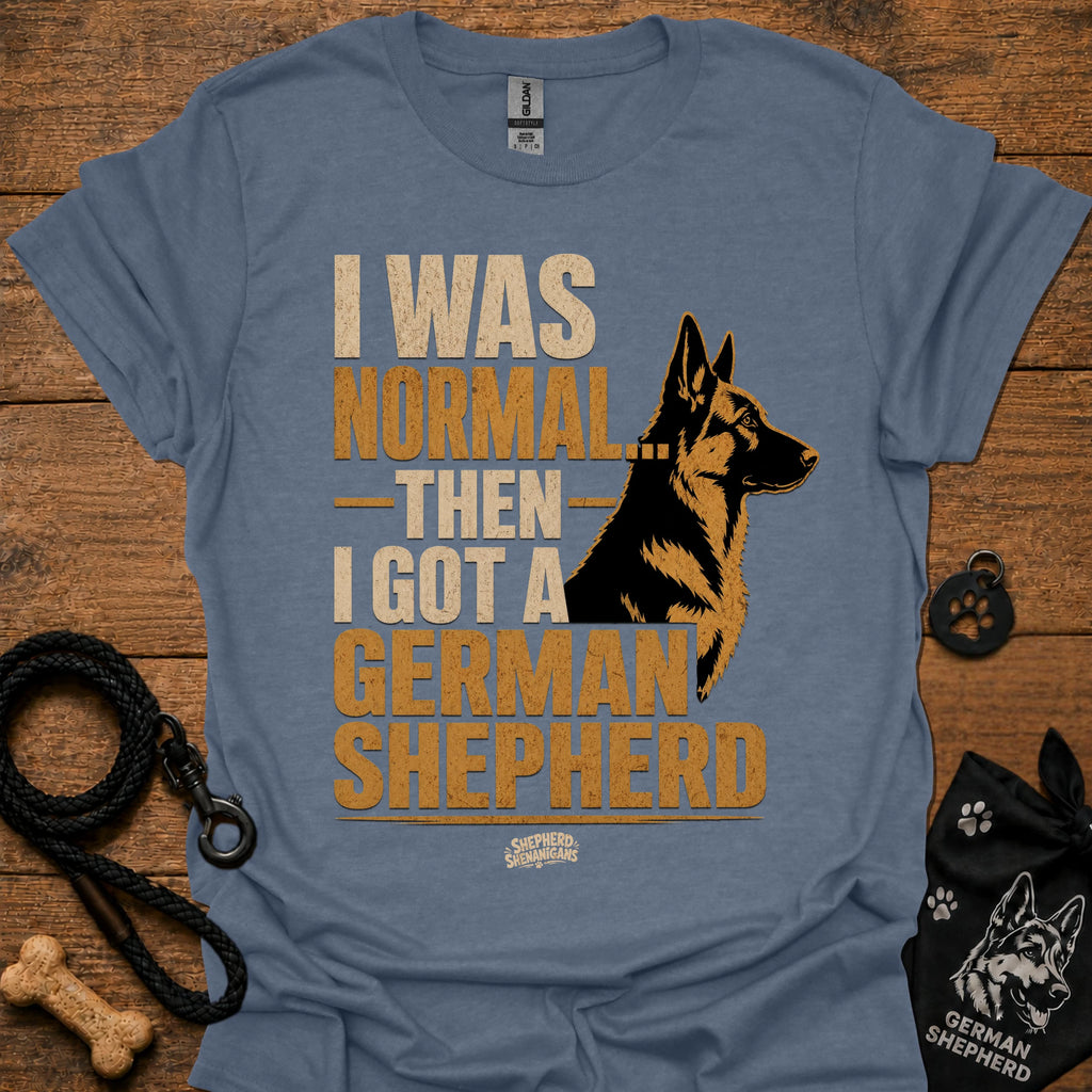 Light blue graphic T-shirt with German Shepherd portrait and bold text on front