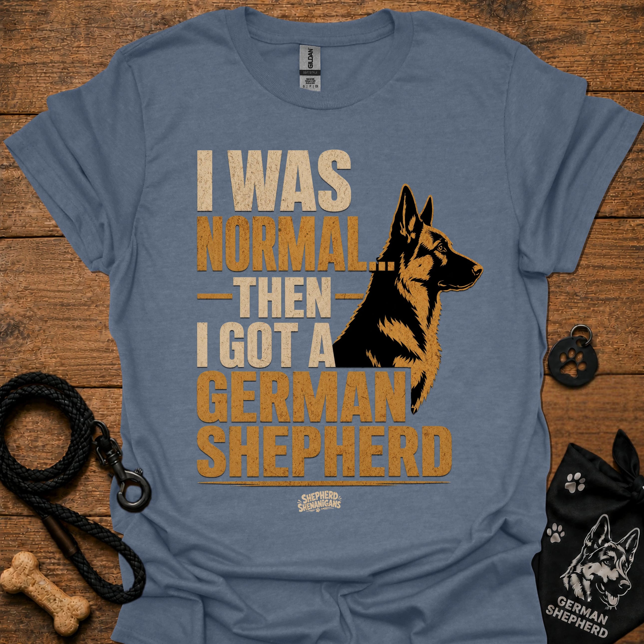 Light blue graphic T-shirt with German Shepherd portrait and bold text on front
