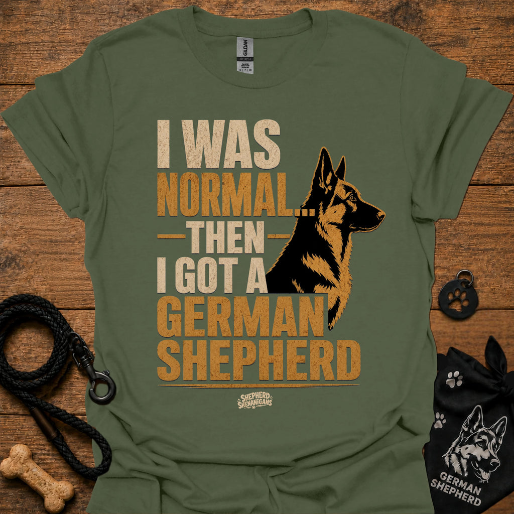 Military green graphic T-shirt with German Shepherd portrait and bold text on front