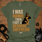 Military green graphic T-shirt with German Shepherd portrait and bold text on front