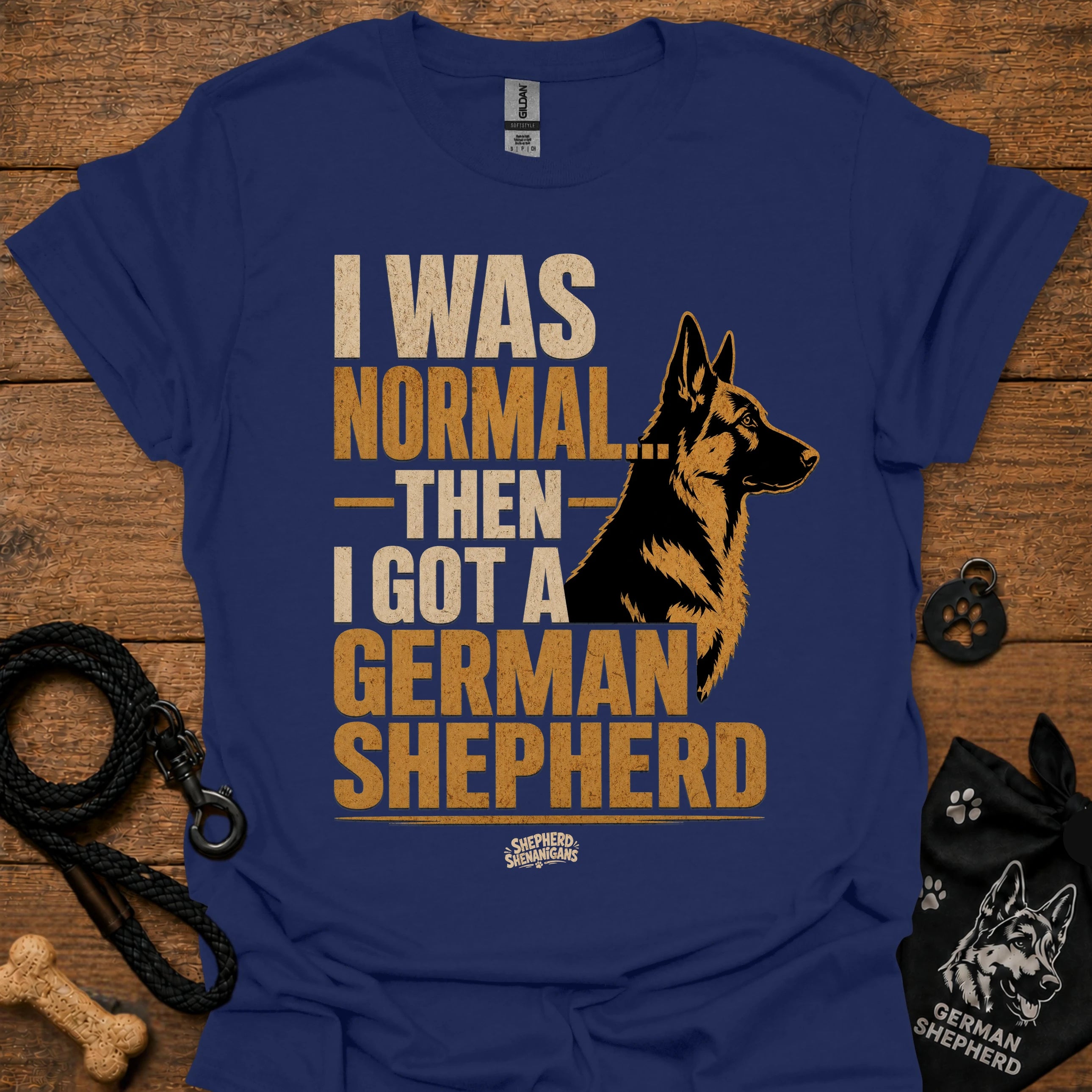Navy graphic T-shirt with German Shepherd portrait and bold text on front