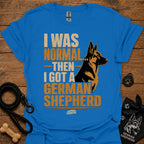 Blue graphic T-shirt with German Shepherd portrait and bold text on front