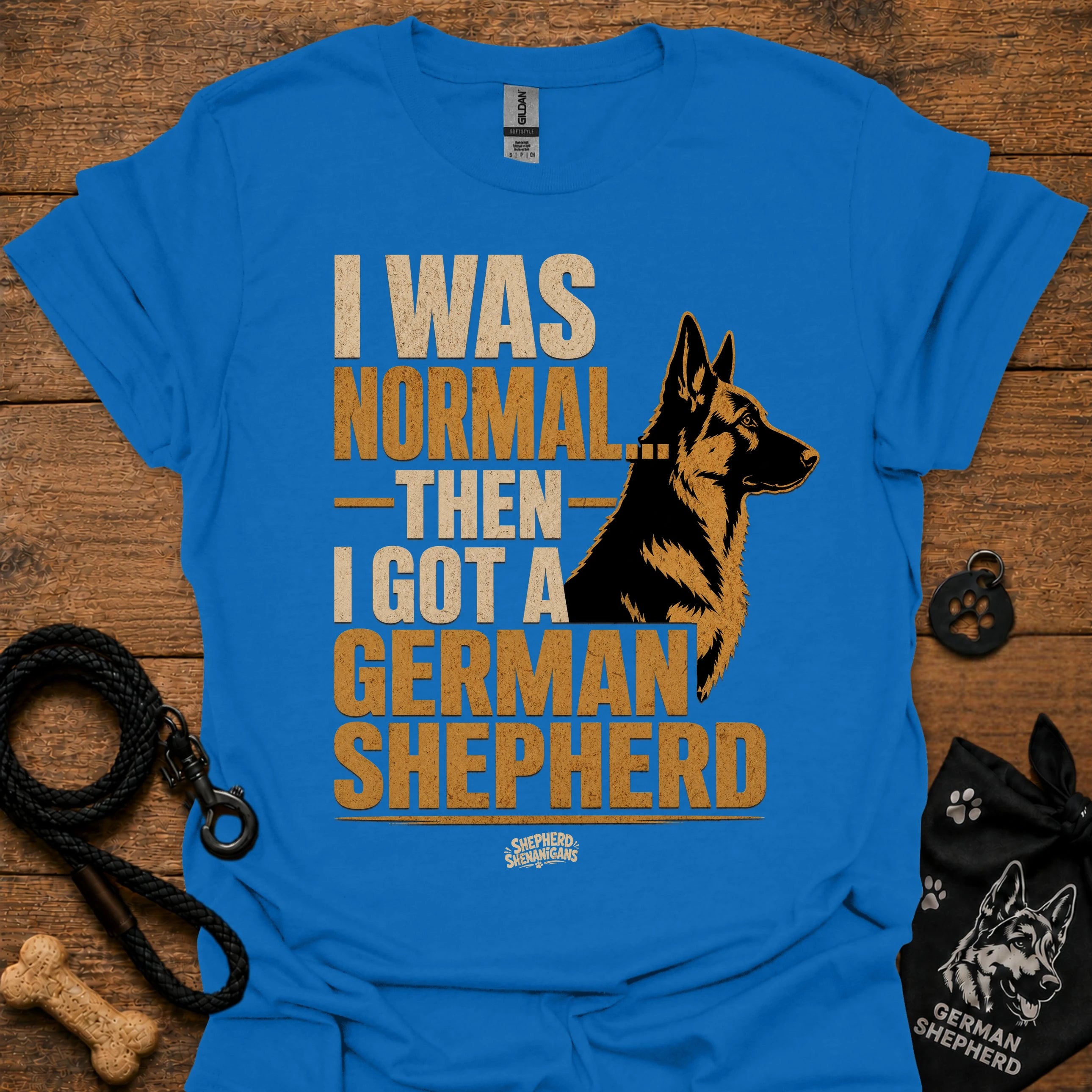 Blue graphic T-shirt with German Shepherd portrait and bold text on front