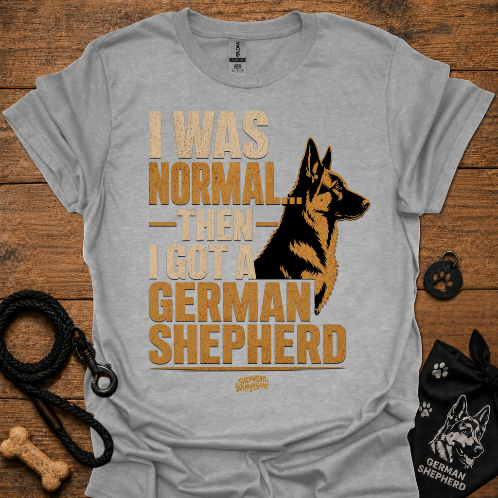 Heather gray graphic T-shirt with German Shepherd portrait and bold text on front