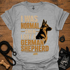 Heather gray graphic T-shirt with German Shepherd portrait and bold text on front