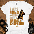White graphic T-shirt with German Shepherd portrait and bold text on front