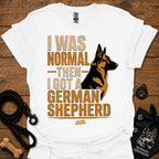 White graphic T-shirt with German Shepherd portrait and bold text on front