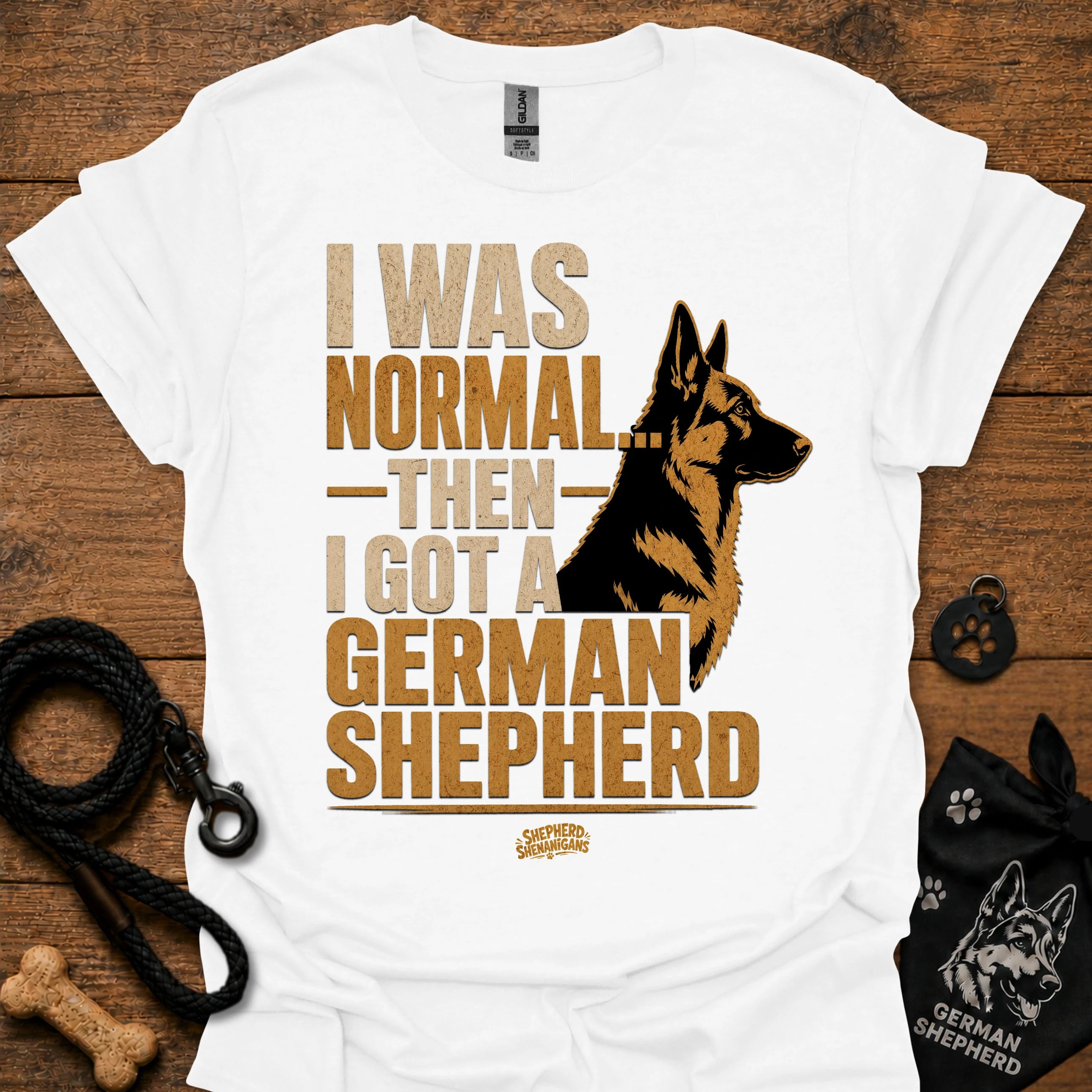 White graphic T-shirt with German Shepherd portrait and bold text on front