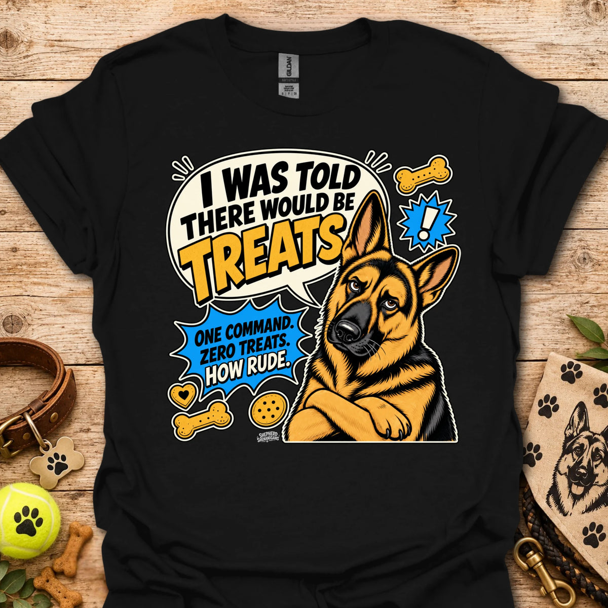 Black dog graphic T-shirt featuring “I was told there would be treats” circular print