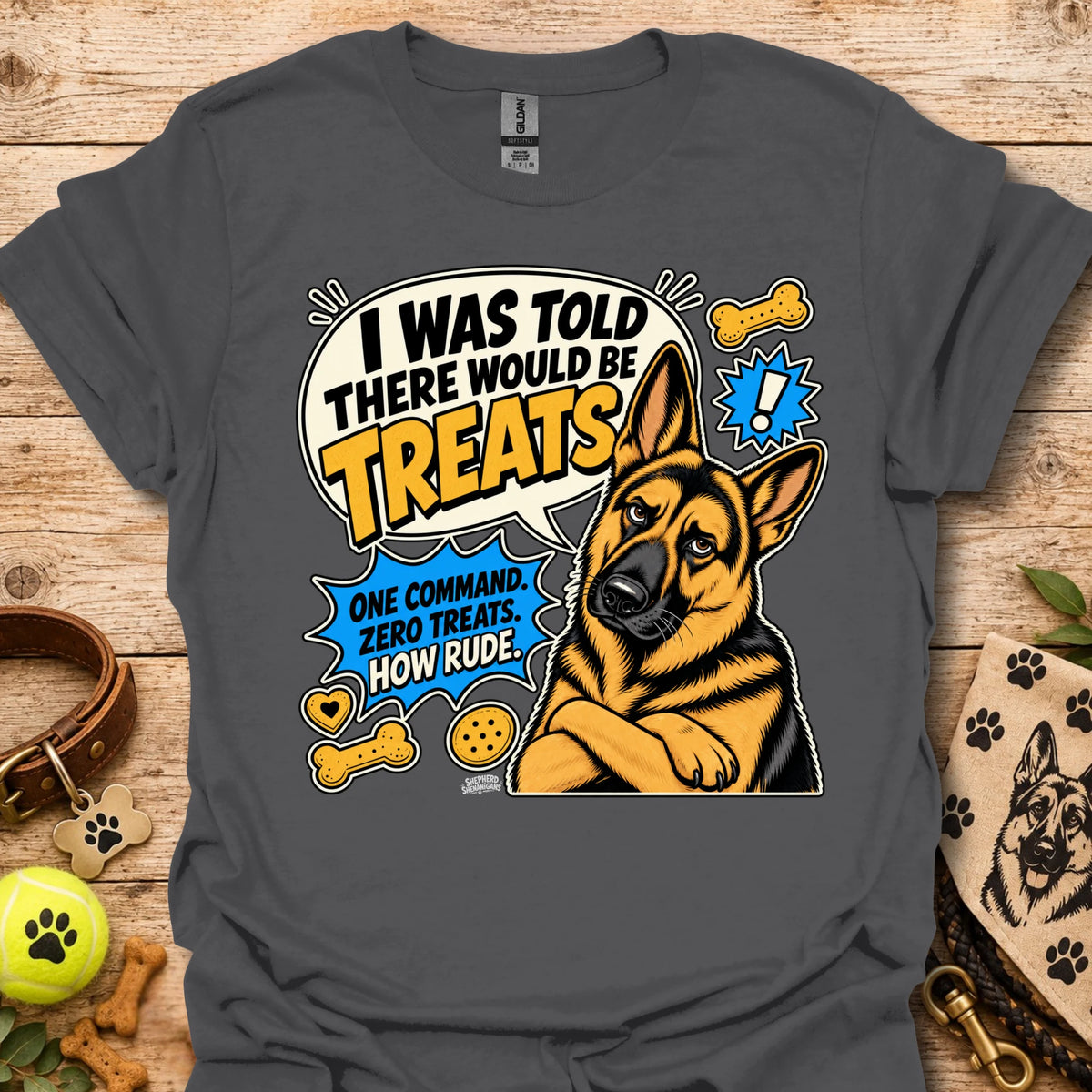 Charcoal dog graphic T-shirt with circular “I was told there would be treats” text