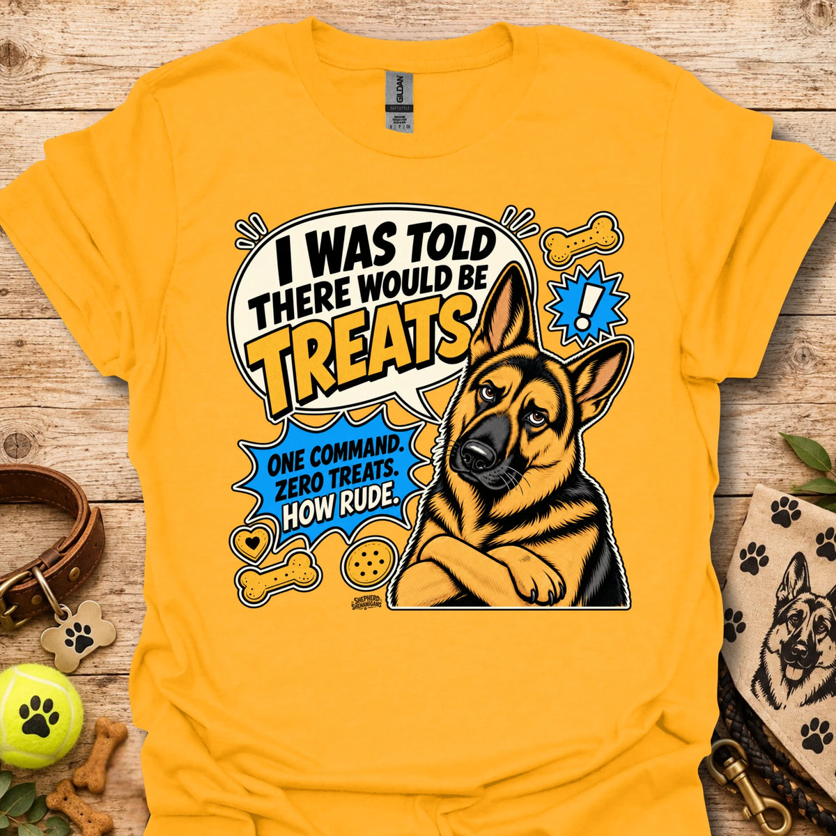 Gold dog graphic T-shirt with circular “I was told there would be treats” design