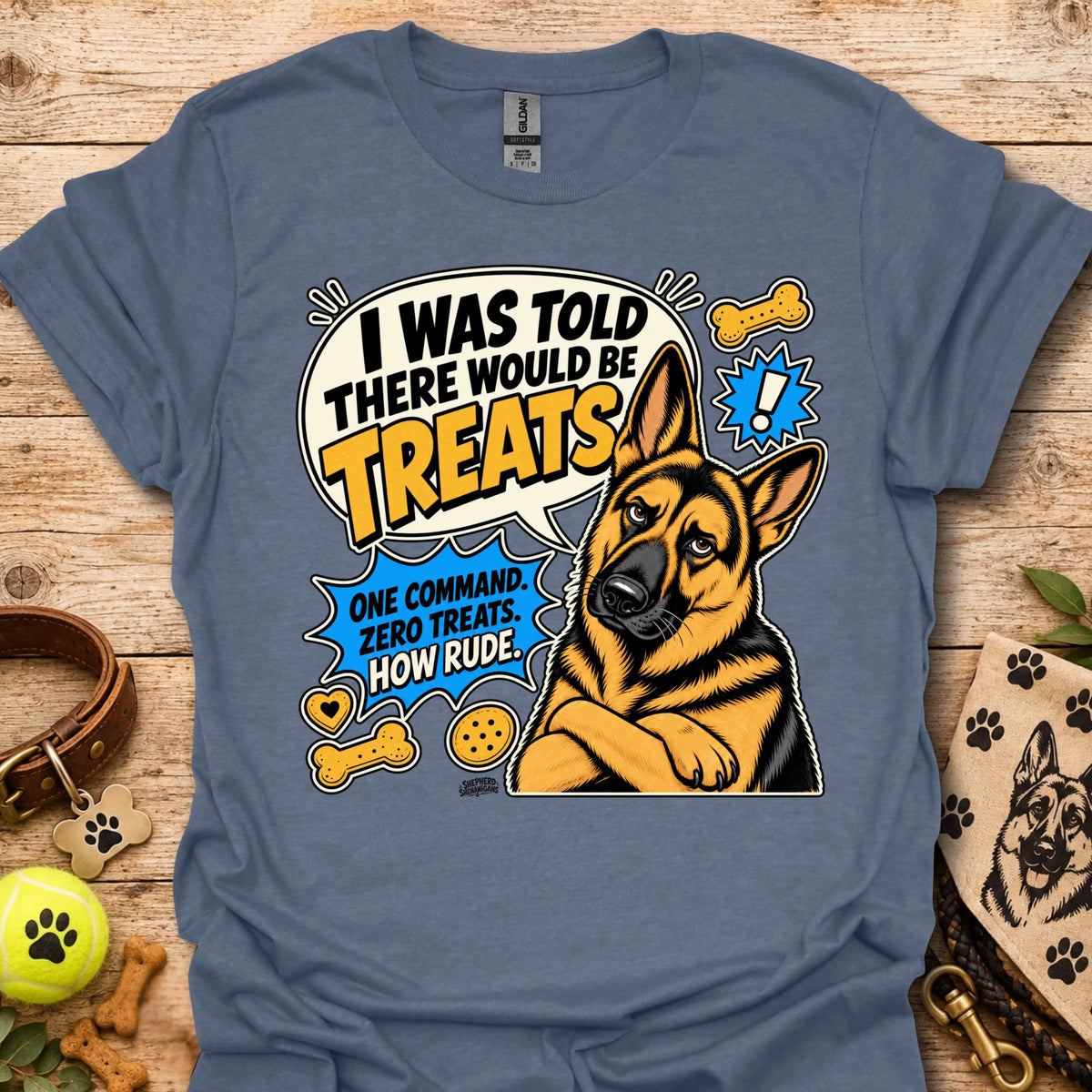 Heather indigo dog graphic T-shirt with circular “I was told there would be treats” print