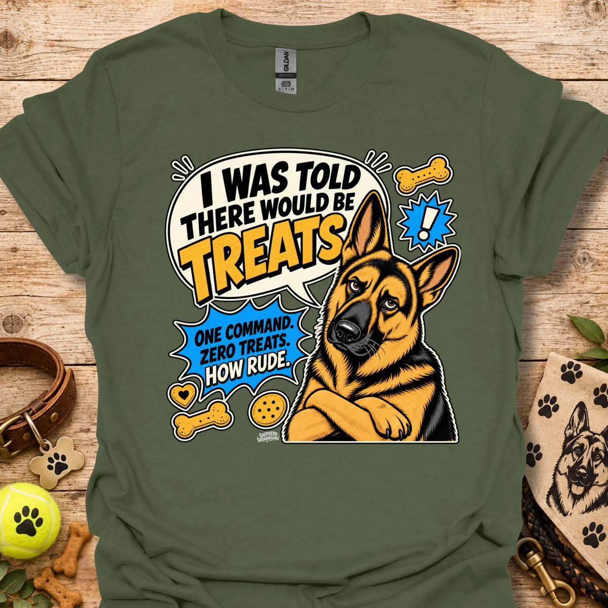Military green dog graphic T-shirt with “I was told there would be treats” slogan