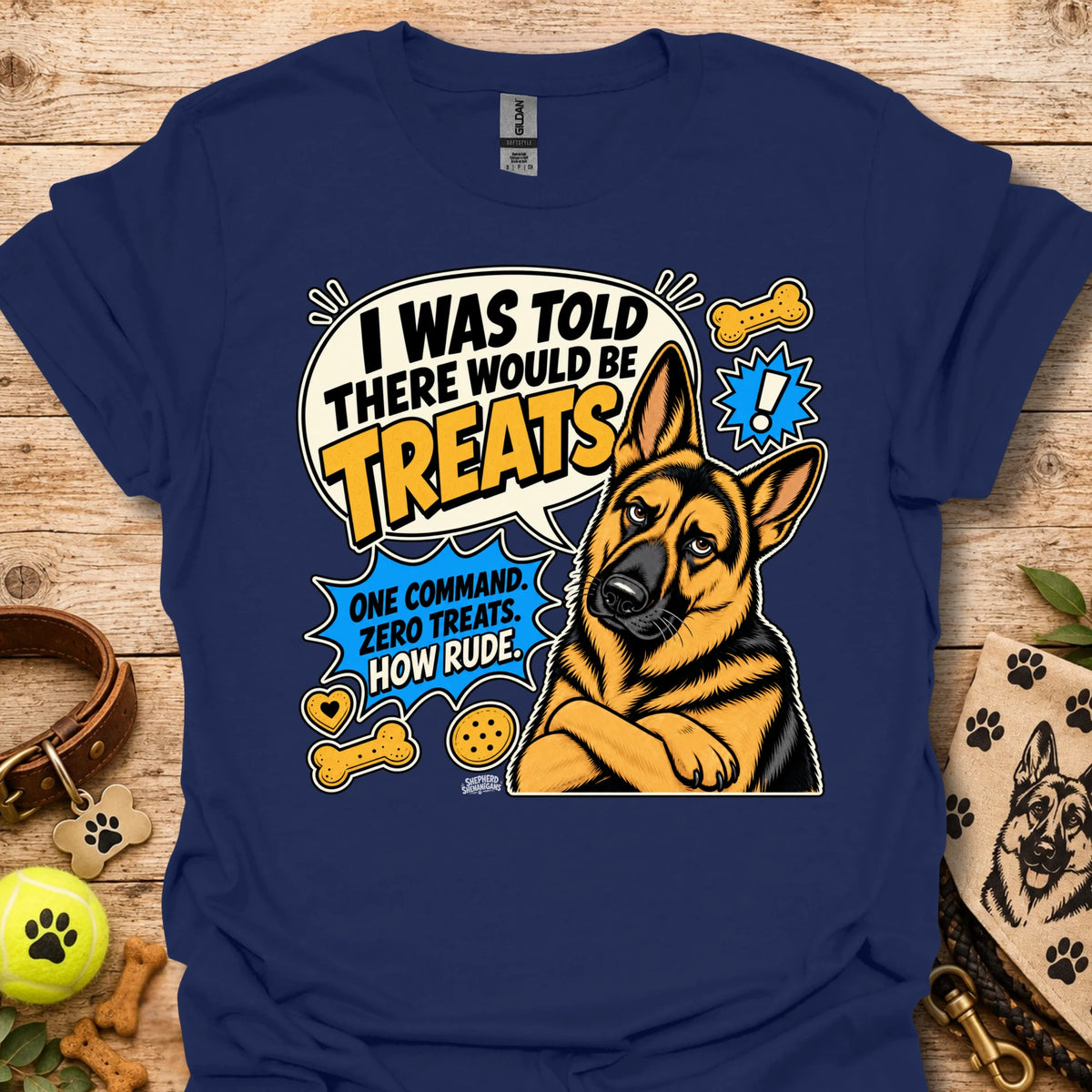 Navy dog graphic T-shirt with circular “I was told there would be treats” slogan
