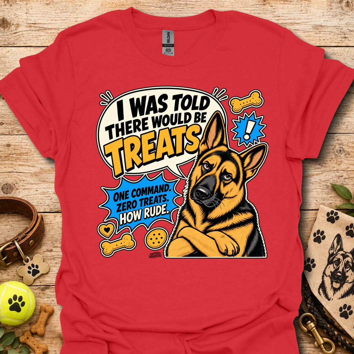 Red dog graphic T-shirt with circular “I was told there would be treats” print