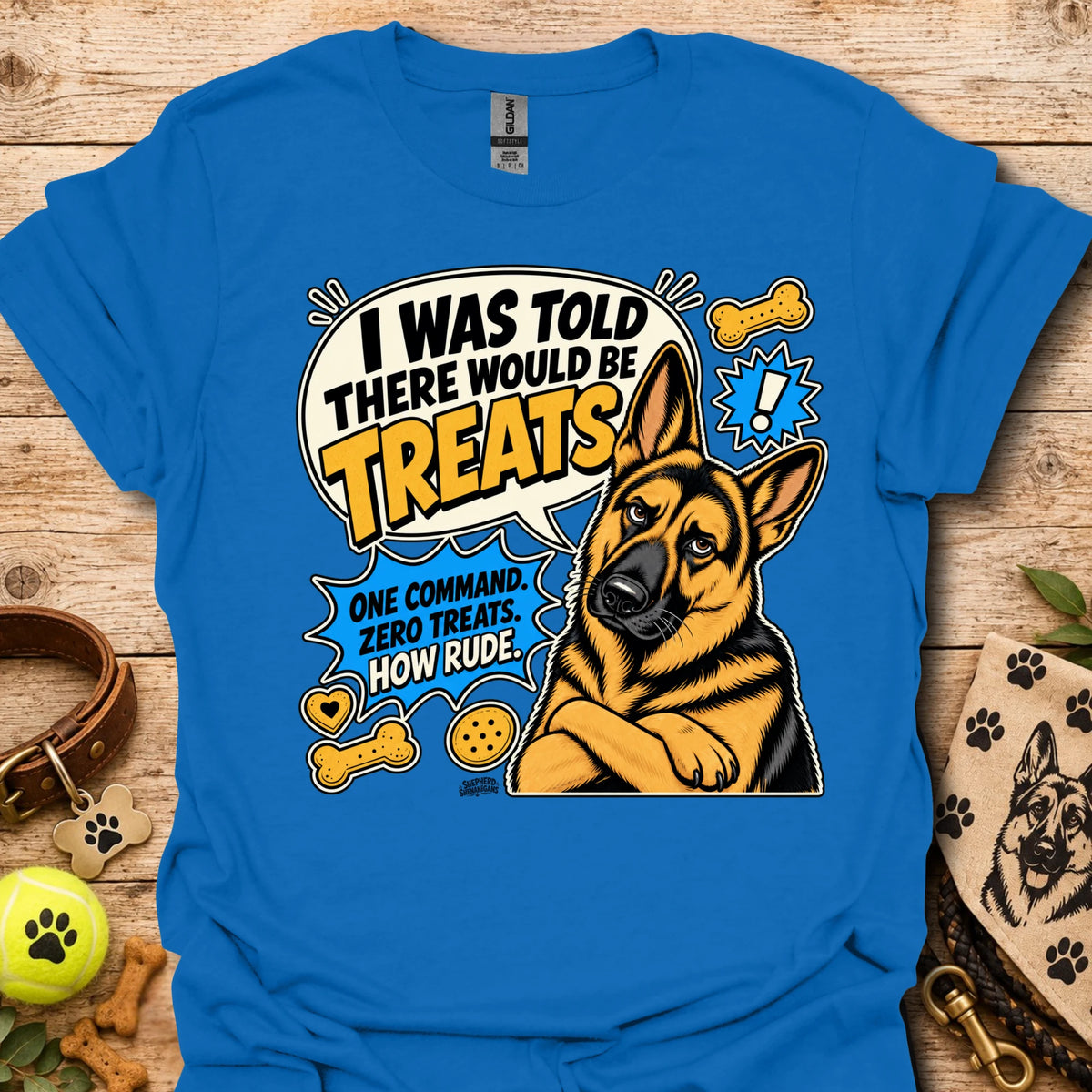 Royal blue dog graphic T-shirt with circular “I was told there would be treats” artwork