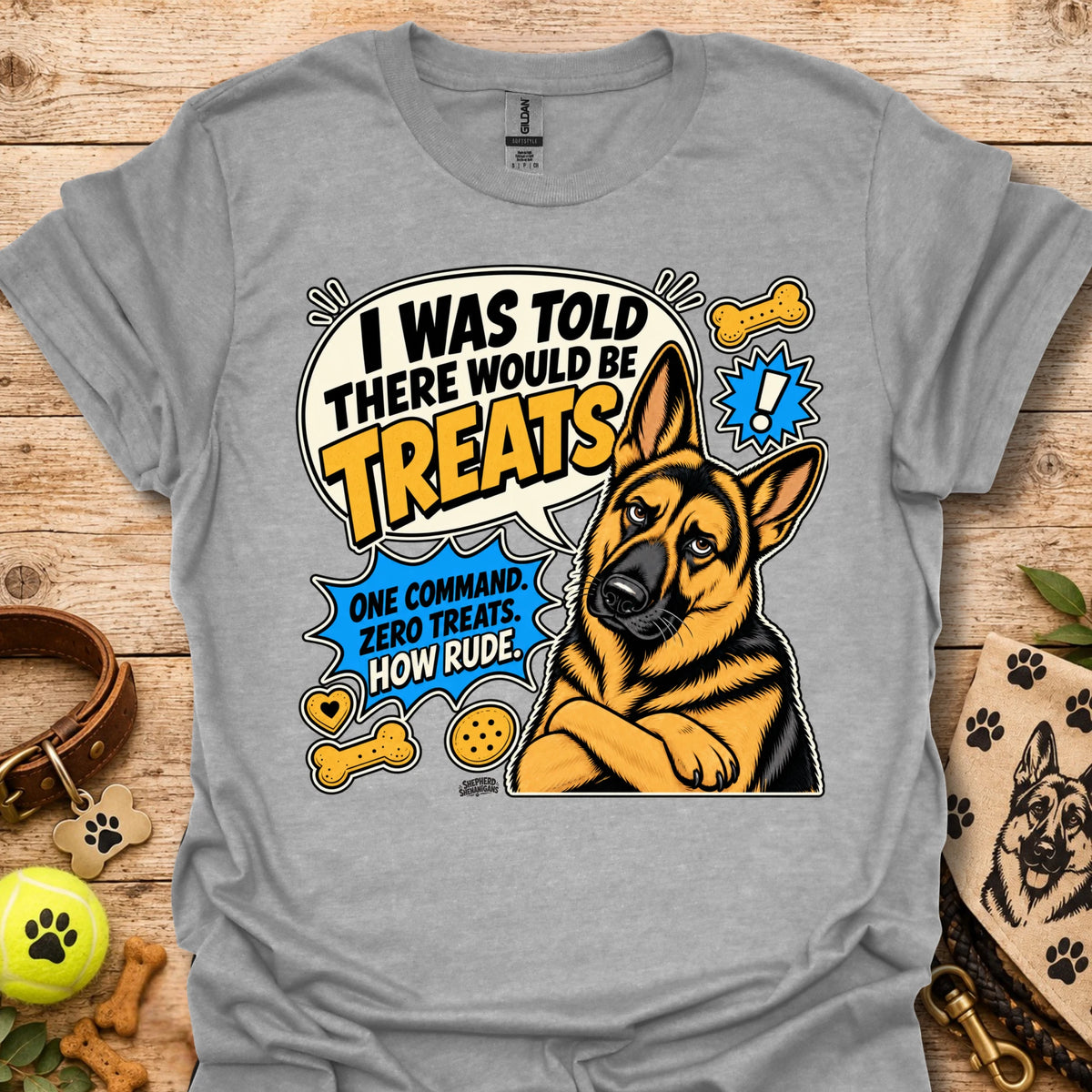 Sport grey dog graphic T-shirt with circular “I was told there would be treats” text