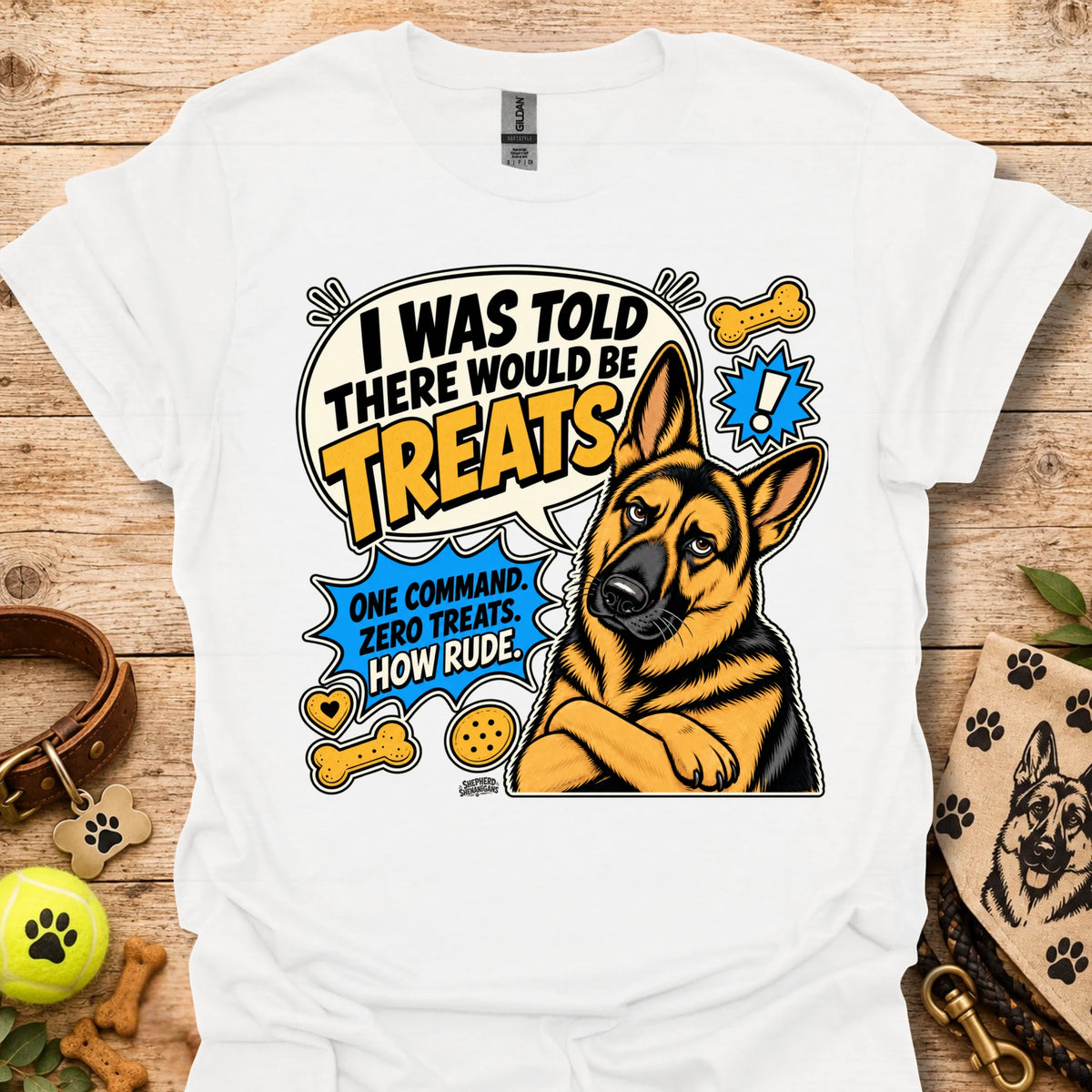 White dog graphic T-shirt with circular “I was told there would be treats” message
