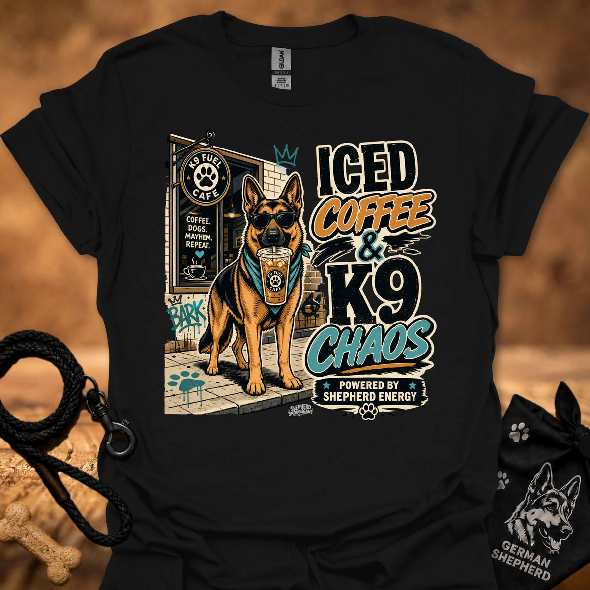 Black K9 chaos t-shirt with iced coffee and German shepherd graphic print on front