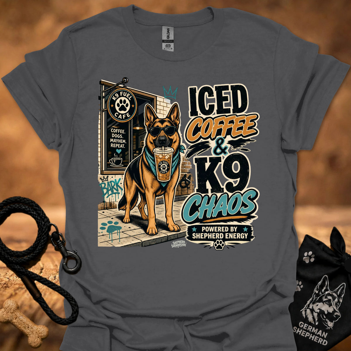 Heather indigo K9 chaos t-shirt with iced coffee and German shepherd graphic on front