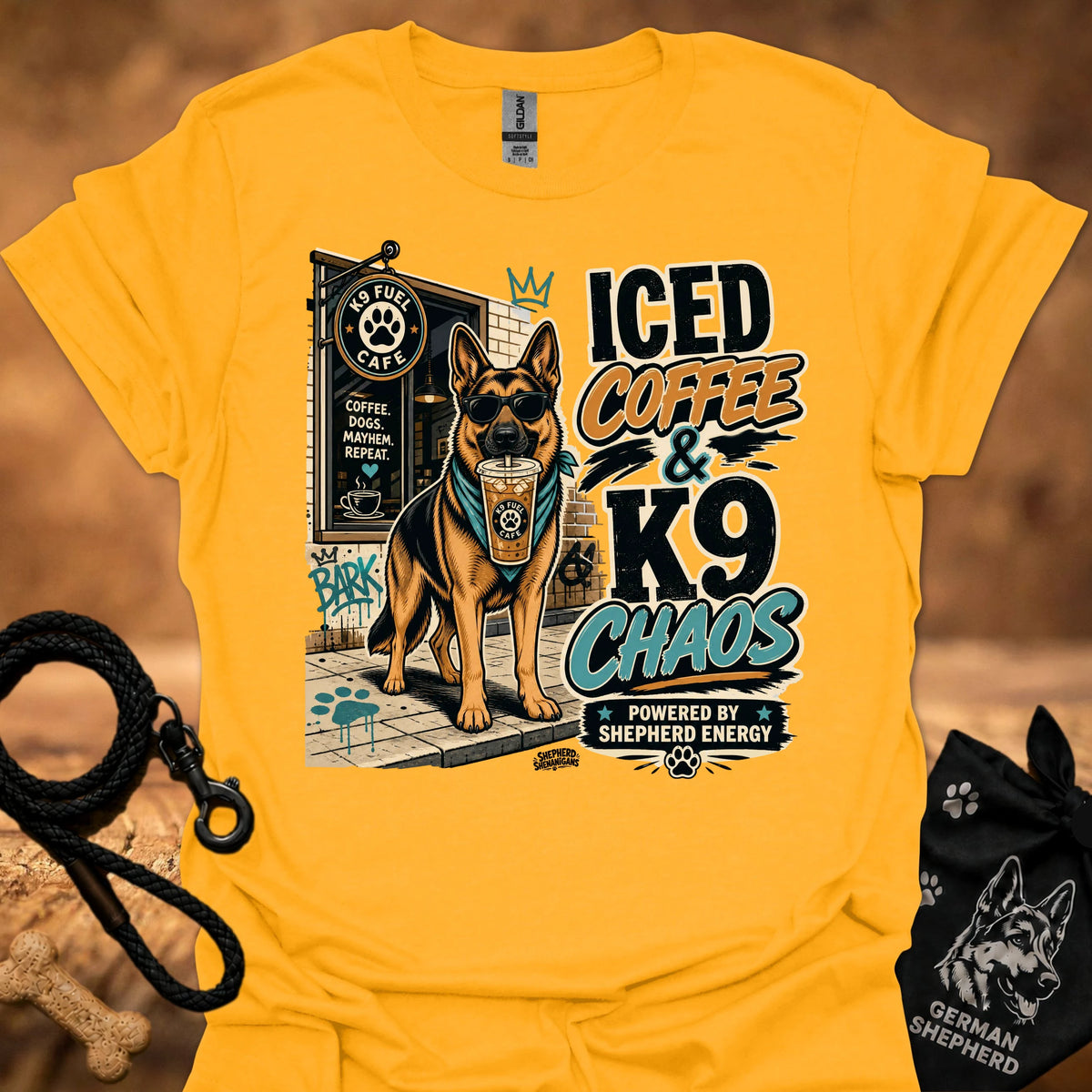 Gold K9 chaos t-shirt with iced coffee and German shepherd graphic print on front