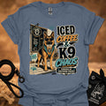 Steel blue K9 chaos t-shirt with iced coffee and German shepherd graphic print on front