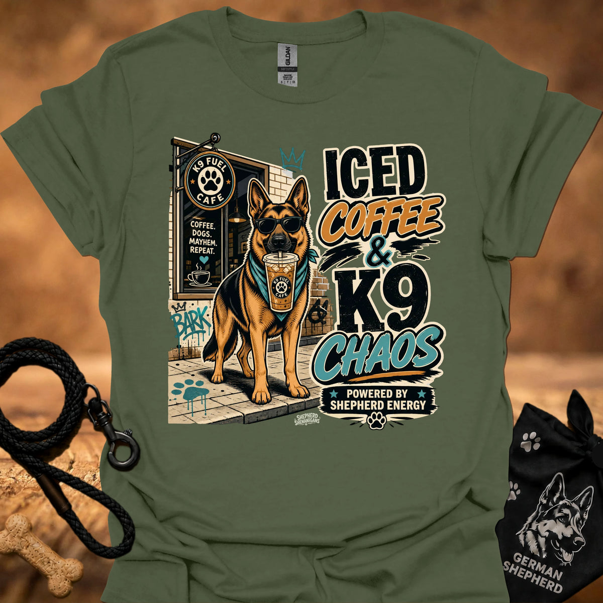 Military green K9 chaos t-shirt with iced coffee and German shepherd graphic print on front