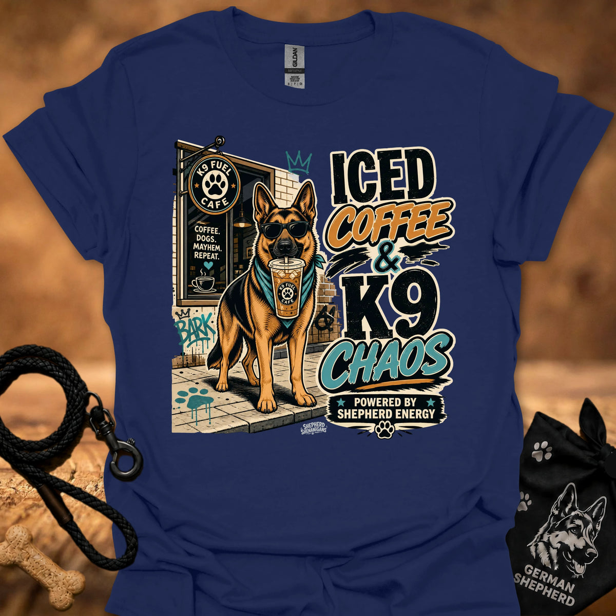 Navy K9 chaos t-shirt with iced coffee and German shepherd graphic print on front