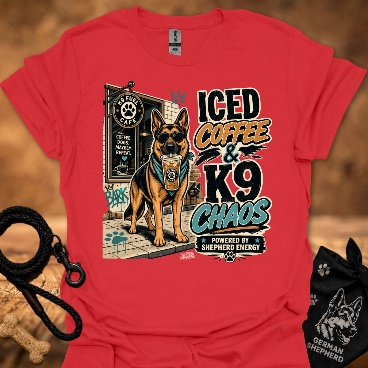 Red K9 chaos t-shirt with iced coffee and German shepherd graphic print on front