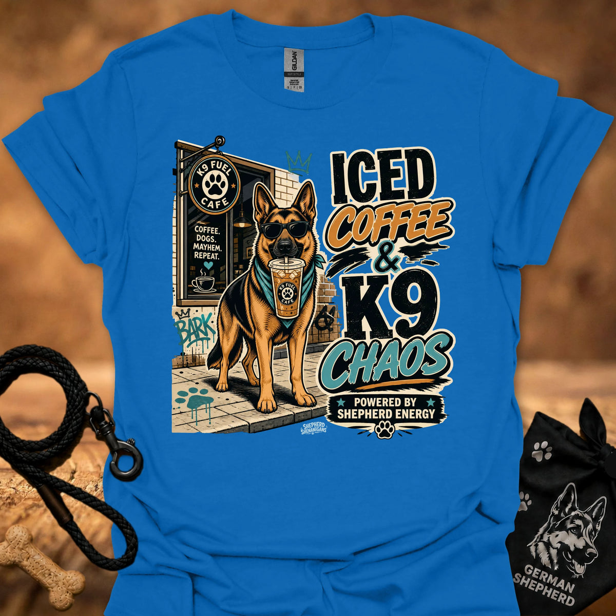 Royal blue K9 chaos t-shirt with iced coffee and German shepherd graphic print on front