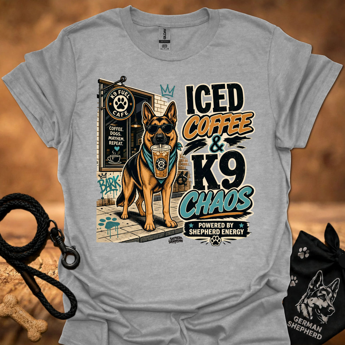 Sport grey K9 chaos t-shirt with iced coffee and German shepherd graphic print on front