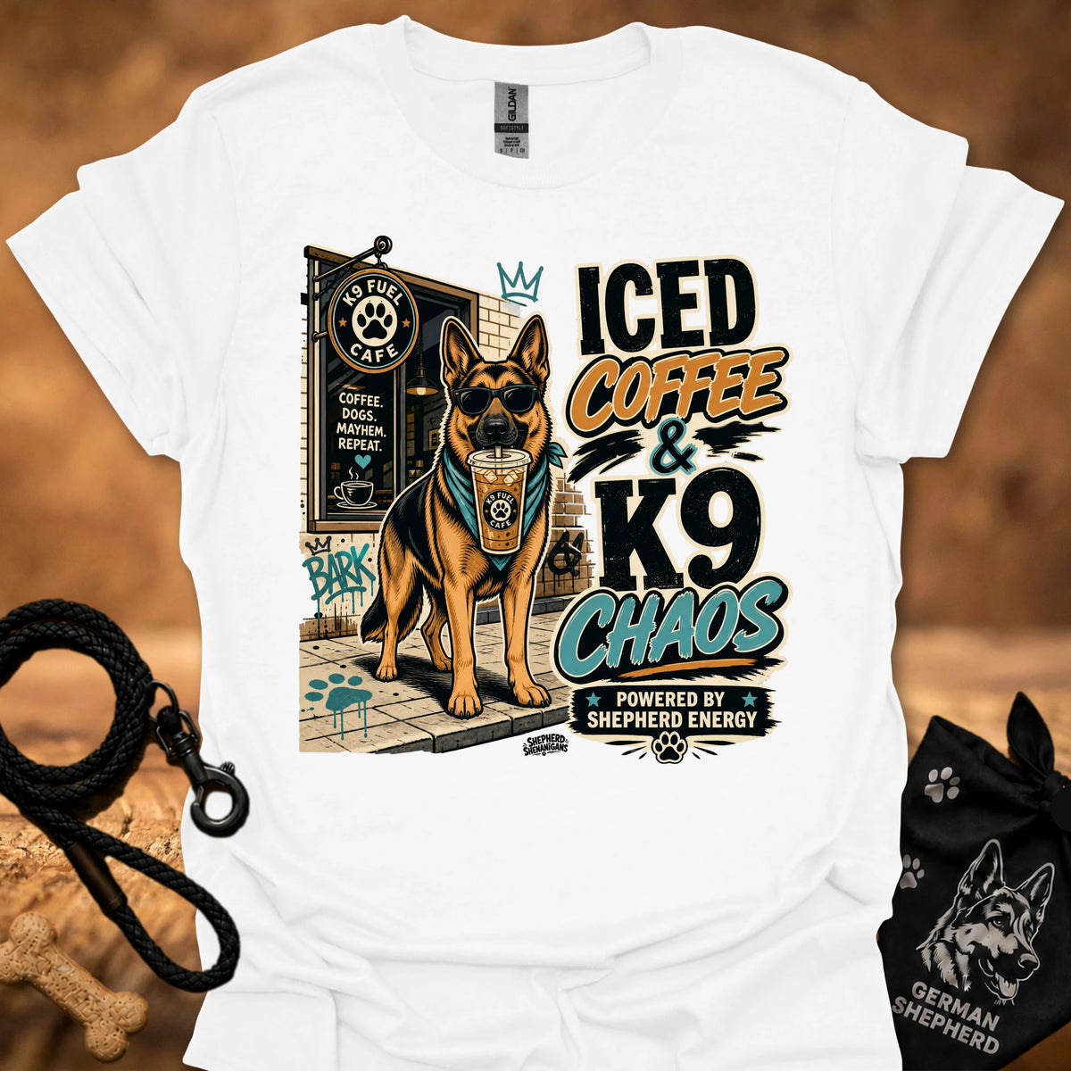 White K9 chaos t-shirt with iced coffee and German shepherd graphic print on front