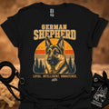 Black crewneck T-shirt with German Shepherd front graphic and slogan text
