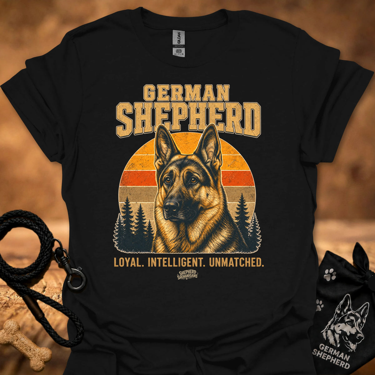 Black crewneck T-shirt with German Shepherd front graphic and slogan text