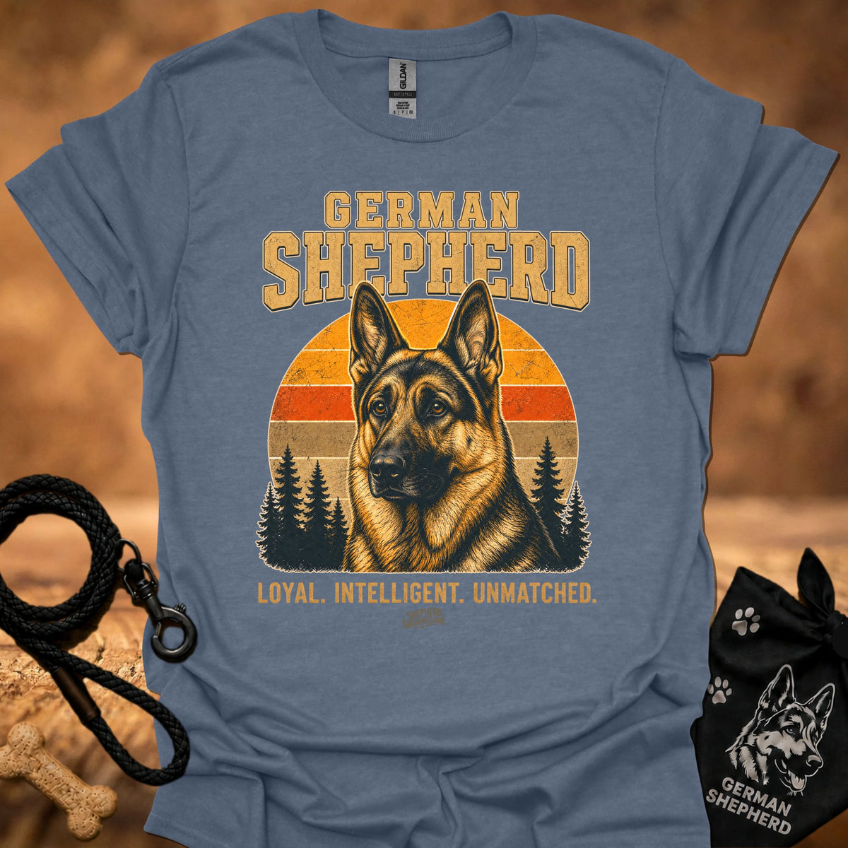 Light blue crewneck T-shirt with German Shepherd front graphic and slogan text