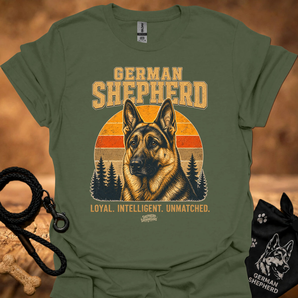 Olive green crewneck T-shirt with German Shepherd front graphic and slogan text