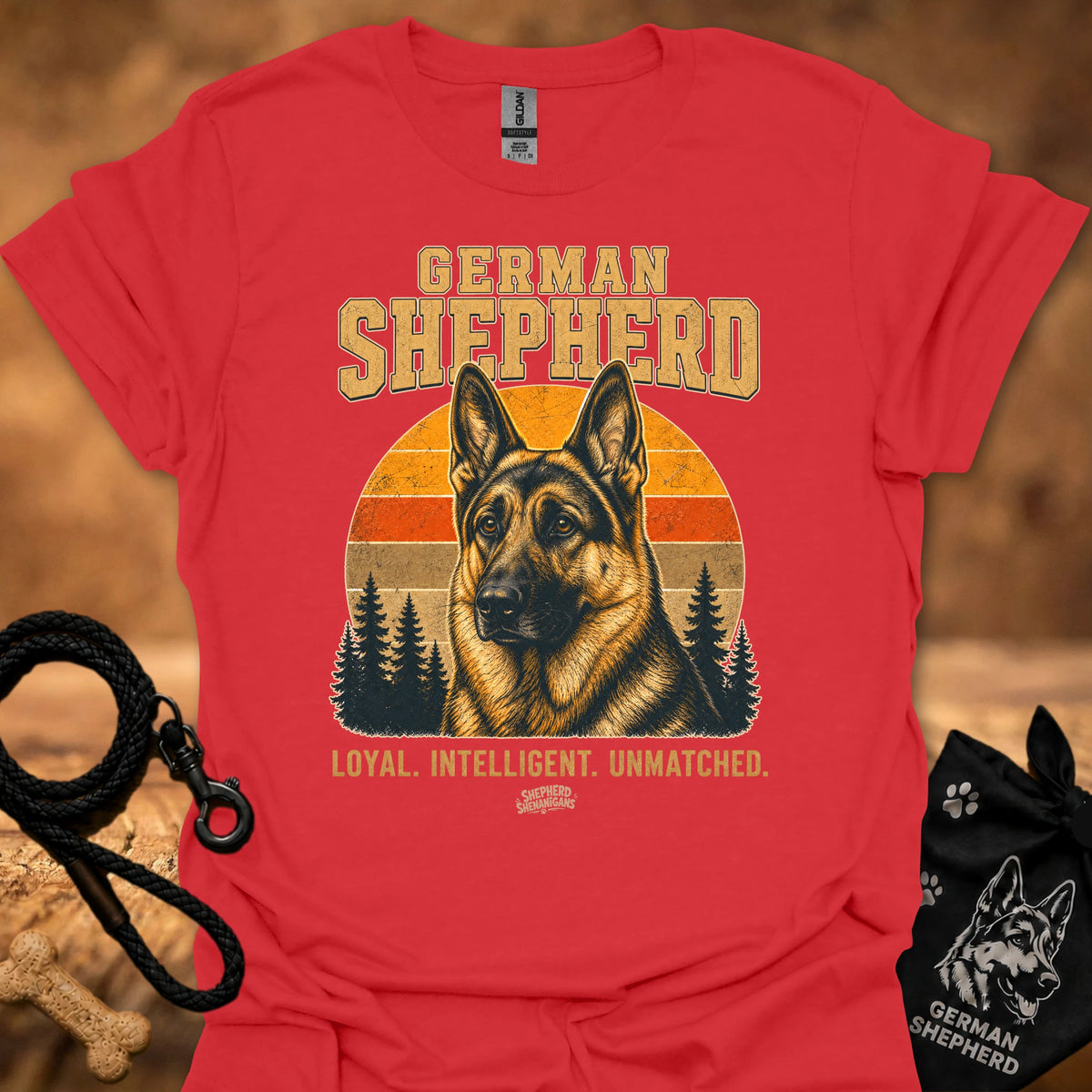Red crewneck T-shirt with German Shepherd front graphic and slogan text