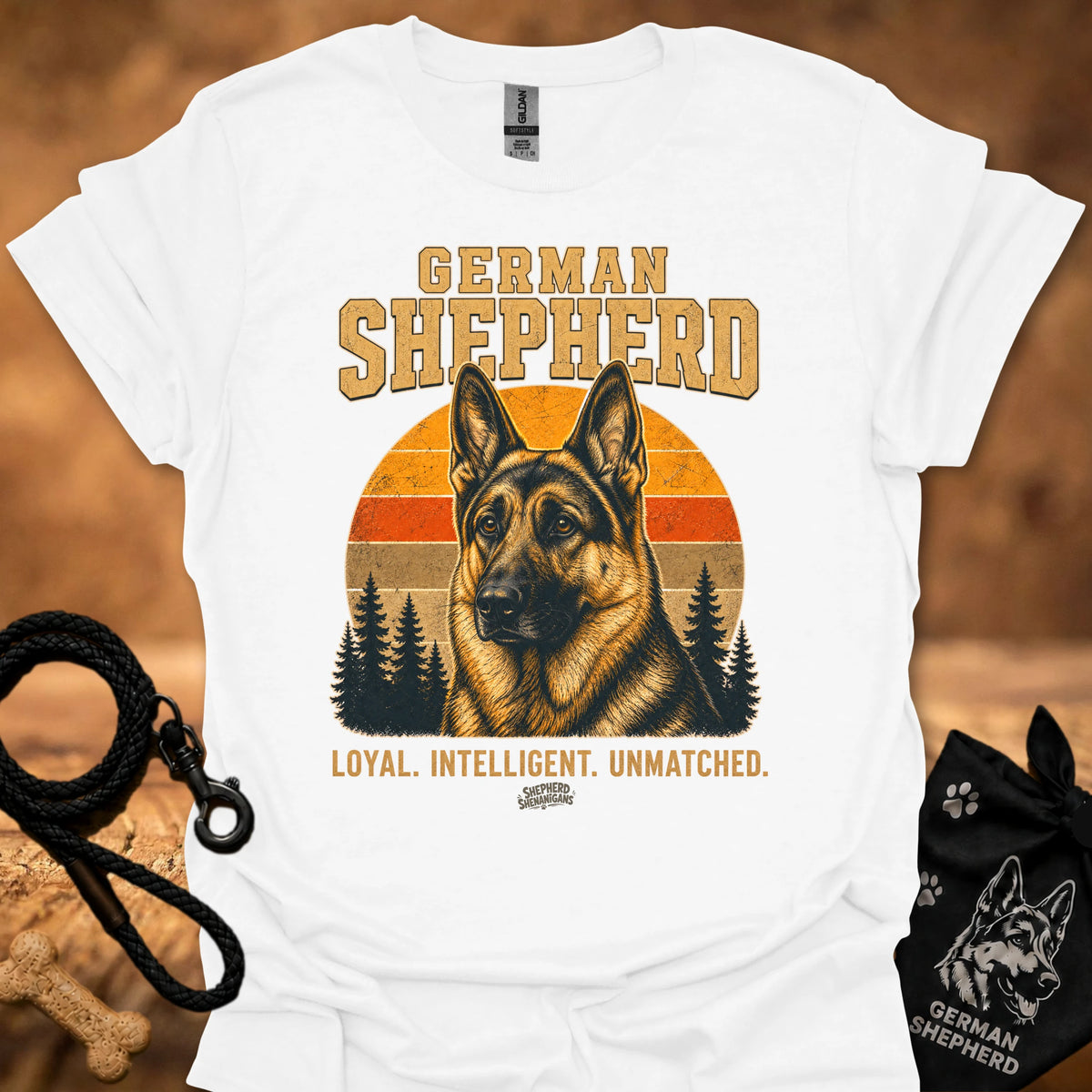 White crewneck T-shirt with German Shepherd front graphic and slogan text