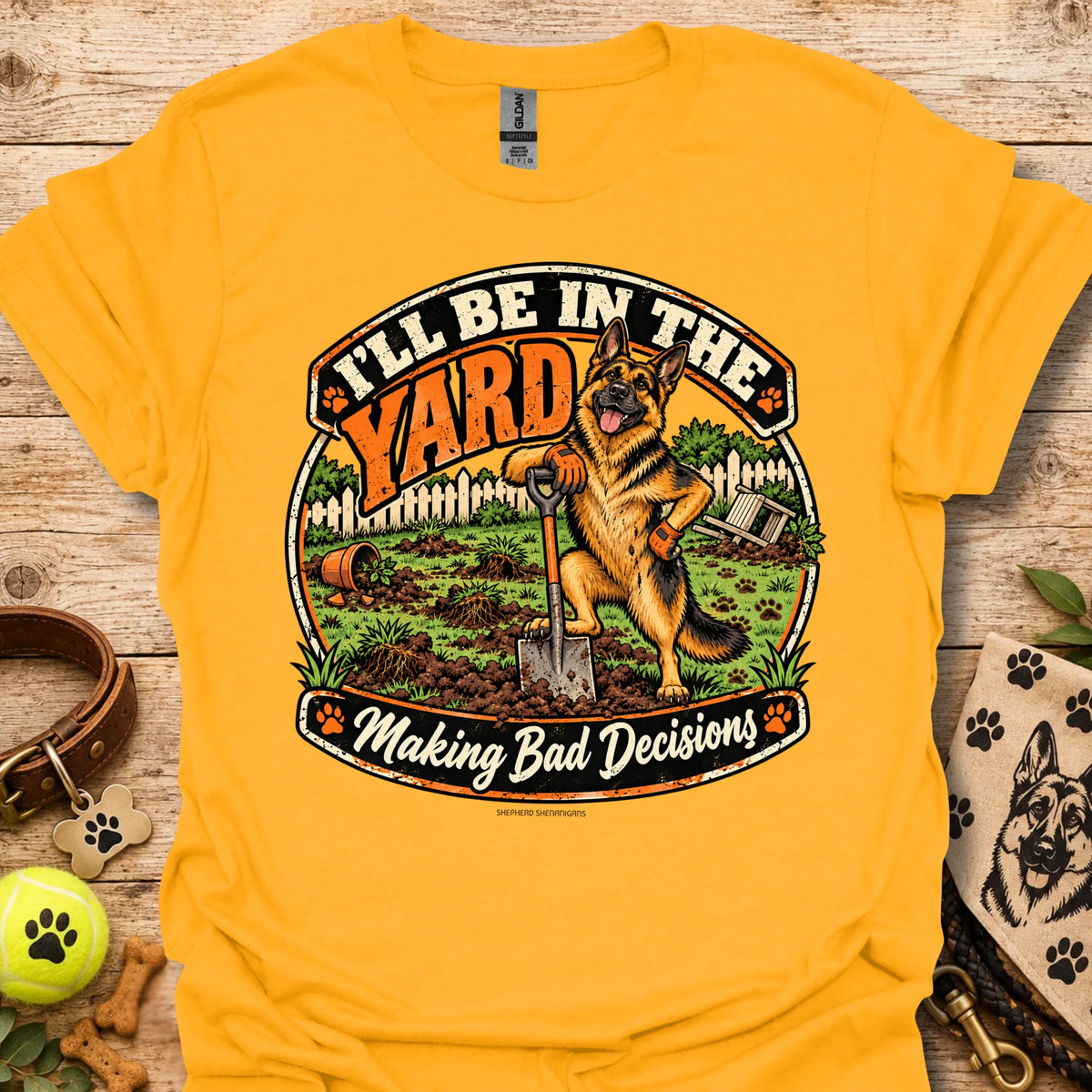 Gold T-shirt with round yard scene graphic and German shepherd illustration
