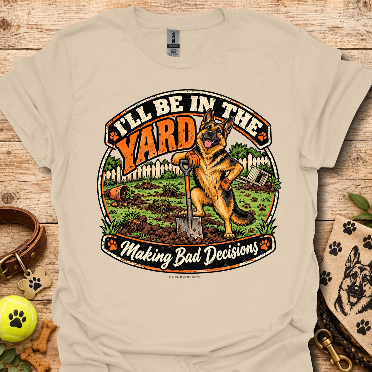 Sand T-shirt with round yard scene graphic and German shepherd illustration