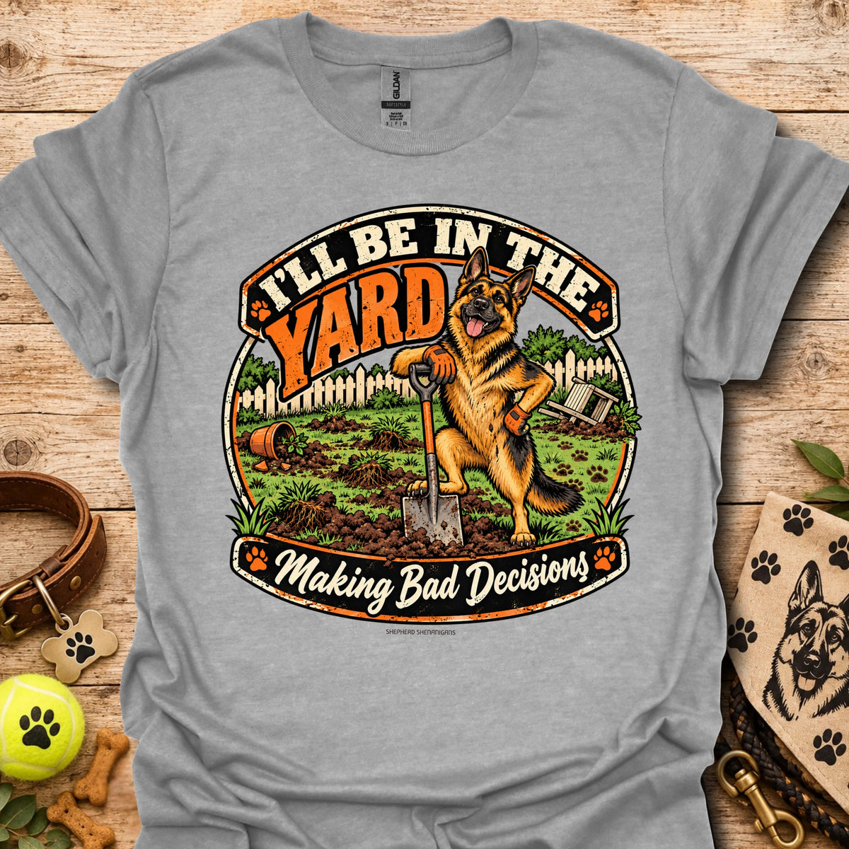 Sport grey T-shirt with round yard scene graphic and German shepherd illustration