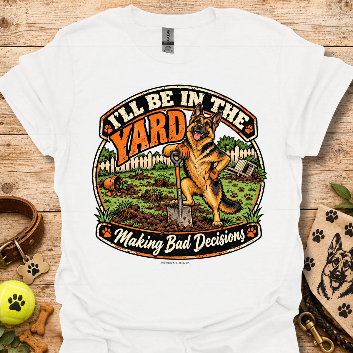 White T-shirt with round yard scene graphic and German shepherd illustration