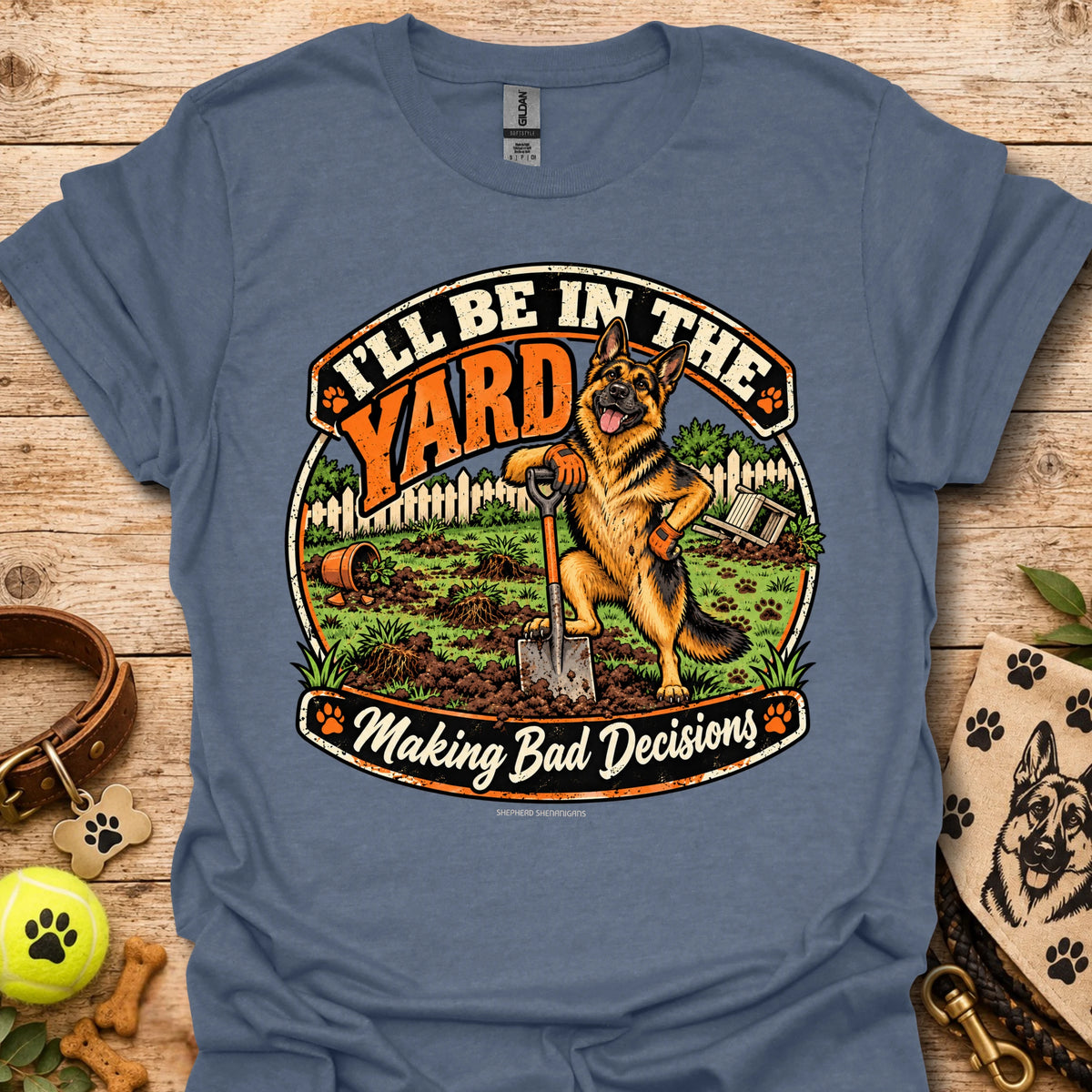 Navy T-shirt with round yard scene graphic and German shepherd illustration