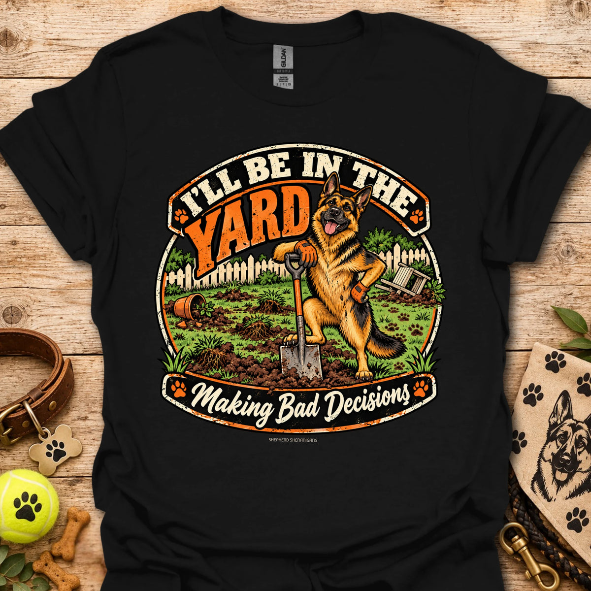 Black T-shirt with round yard scene graphic and German shepherd illustration