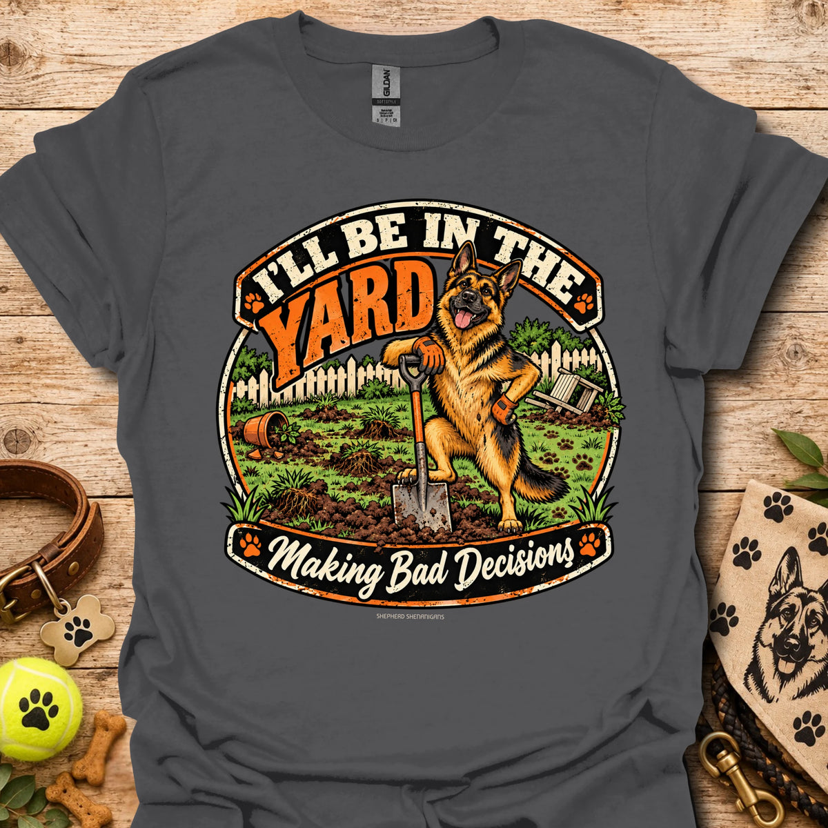 Charcoal T-shirt with round yard scene graphic and German shepherd illustration