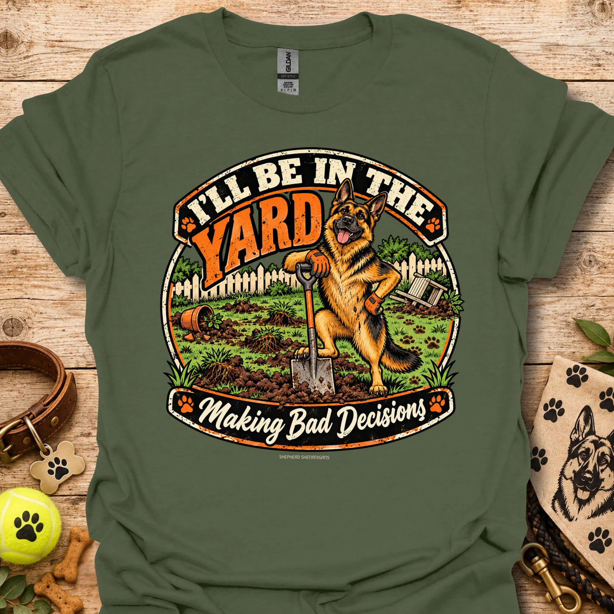 Military green T-shirt with round yard scene graphic and German shepherd illustration