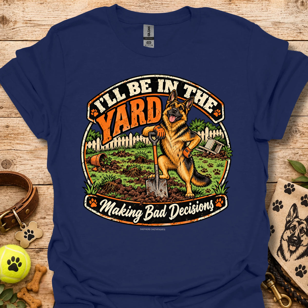 Blue T-shirt with round yard scene graphic and German shepherd illustration