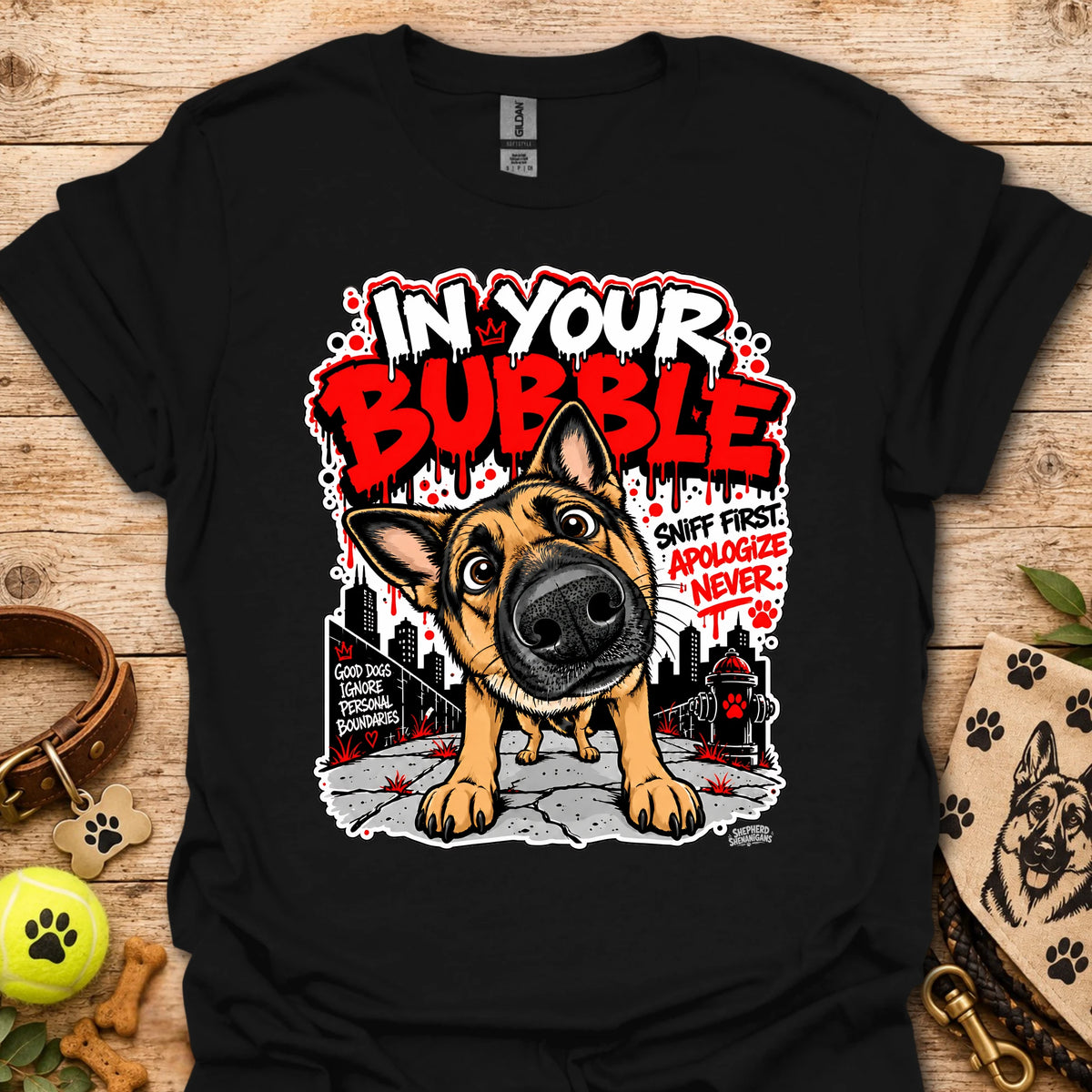Black crewneck T-shirt with German shepherd dog graphic and colorful text print